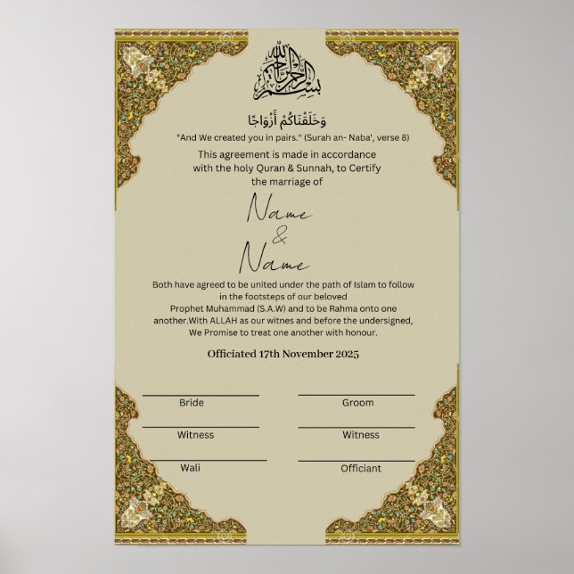 Affiche Certificat islamique Nikkah (Devant)