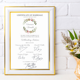 Affiche Certificat mariage Couronne florale rouge et rose