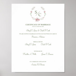 Affiche Certificat Mariage de couleur rose floral