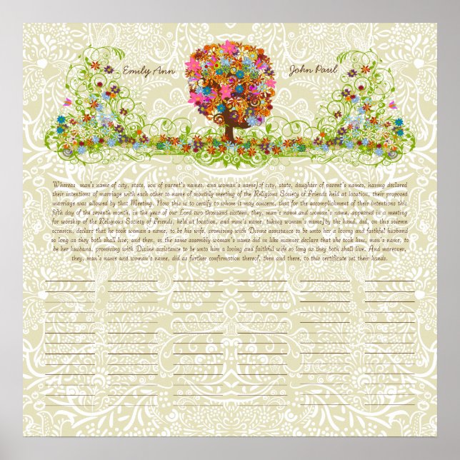 Affiche Certificat Mariage d'impression Quaker de l'arbre  (Devant)