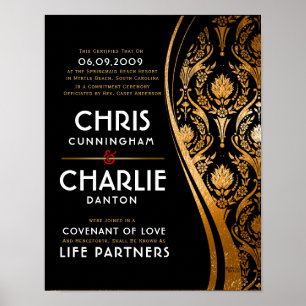 Affiche Certificat Mariage noir or élégant