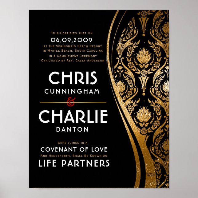 Affiche Certificat Mariage noir or élégant (Devant)