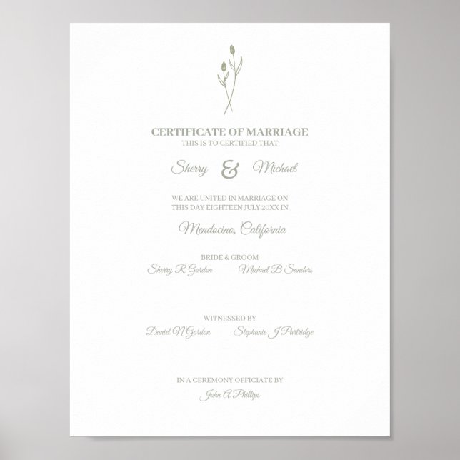 Affiche Certificat mariage  simple  Floral Fleurs sauvages (Devant)