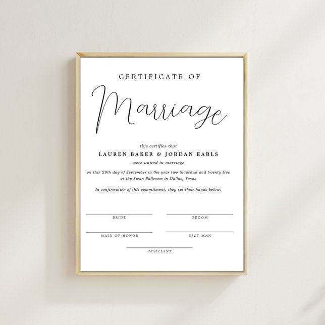 Affiche Certificat Minimaliste Simple De Mariage (Créateur téléchargé)