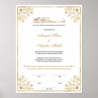 Affiche Certificat Nikkah Élégant Mariage Musulman Islamiq