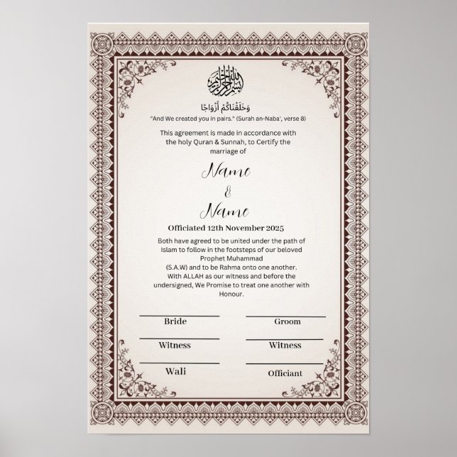 Affiche Certificat Nikkah frontière florale islamique (Devant)