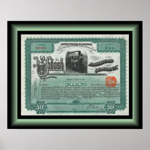 Affiche Certificat Stock de Wabash Railroad Company ~ 1912