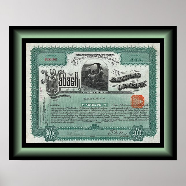 Affiche Certificat Stock de Wabash Railroad Company ~ 1912 (Devant)