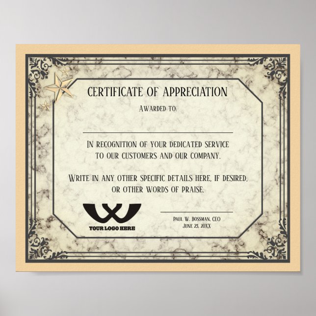 Affiche Certificate of appreciation staff employee award (Devant)