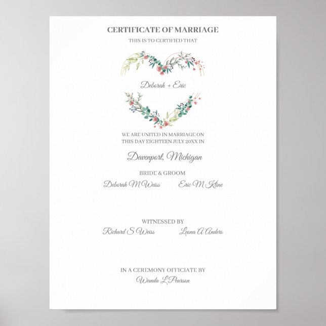 Affiche Certificate of Marriage Floral Heart in Pink (Devant)