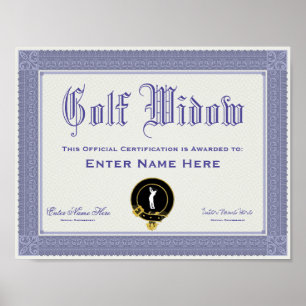 Affiche Certification de veuve de golf drôle