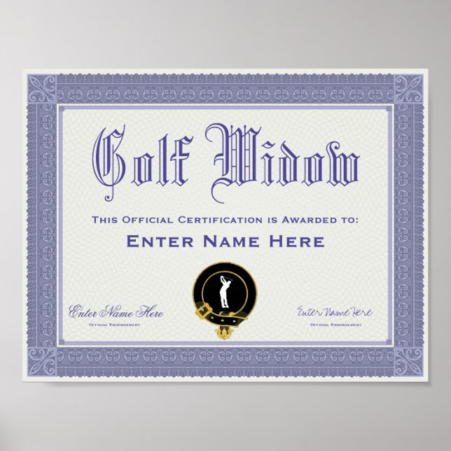 Affiche Certification Golf Widow amusant (Devant)