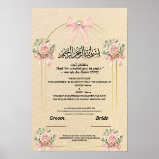 Affiche CertificatNikahIslamique Ruban RosePâle Perle Fleu