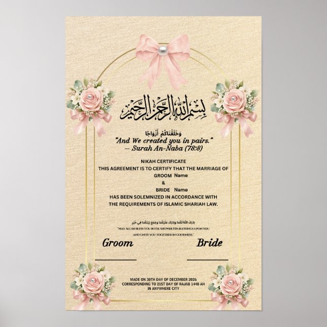 Affiche CertificatNikahIslamique Ruban RosePâle Perle Fleu (Devant)