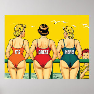 Affiche C'est génial ici, jolies femmes sur une plage, drô