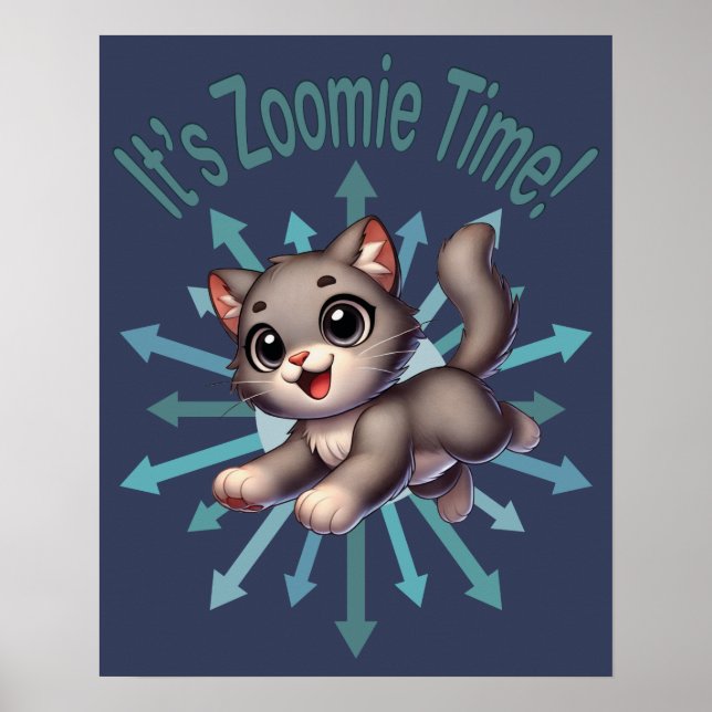 Affiche C'est le temps de Zoomie Chat gris et blanc mignon (Devant)