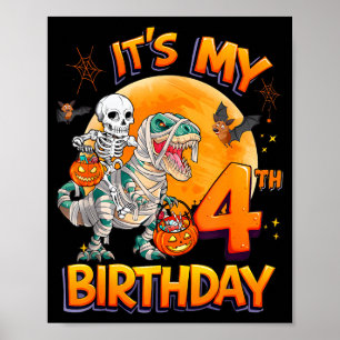 Affiche C'est mon 4ème anniversaire de dinosaure squelette