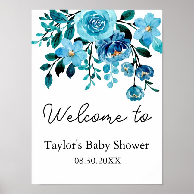 Affiche C'est un Baby shower d'aquarelle bleu garçon (Devant)