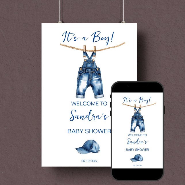 Affiche C'est un baby shower de jeans bleu garçon signe de (Blue jeans it's a boy baby shower minimalist welcome sign editable template poster instant download)