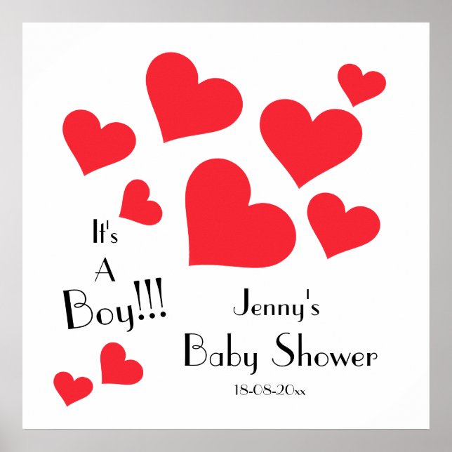 Affiche C'est un garçon ! - Cœurs Rouges Mignons Baby Show (Devant)