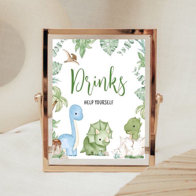 Affiche C'est un garçon Dinosaur Baby shower Boissons (Greenery Boy Dinosaur Baby Shower Drinks Sign)