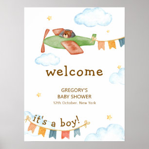 Affiche C'est un garçon Ours Avion Ciel Baby Shower Bienve