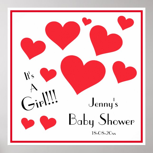 Affiche C'est une fille ! Joyeux cœurs rouges Baby Shower  (Devant)