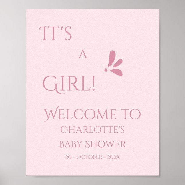 Affiche C'est une fille ! Minimalisme Baby Shower Rose Pas (Devant)