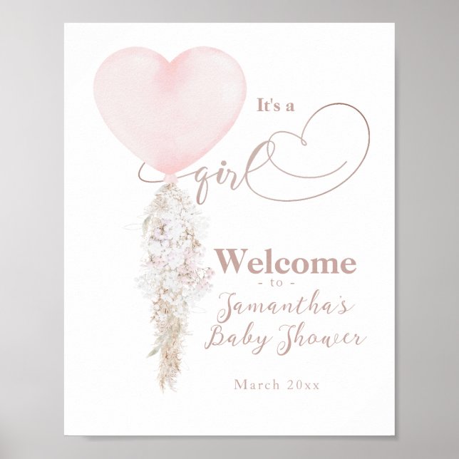 Affiche C'est une fille rose Baby shower de ballon coeur b (Devant)