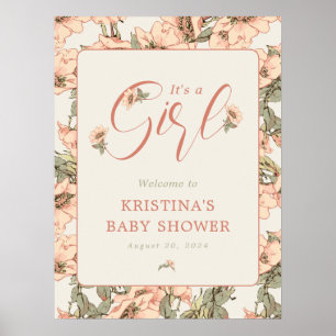 Affiche C'est une fille rose Roses Baby shower Bienvenue