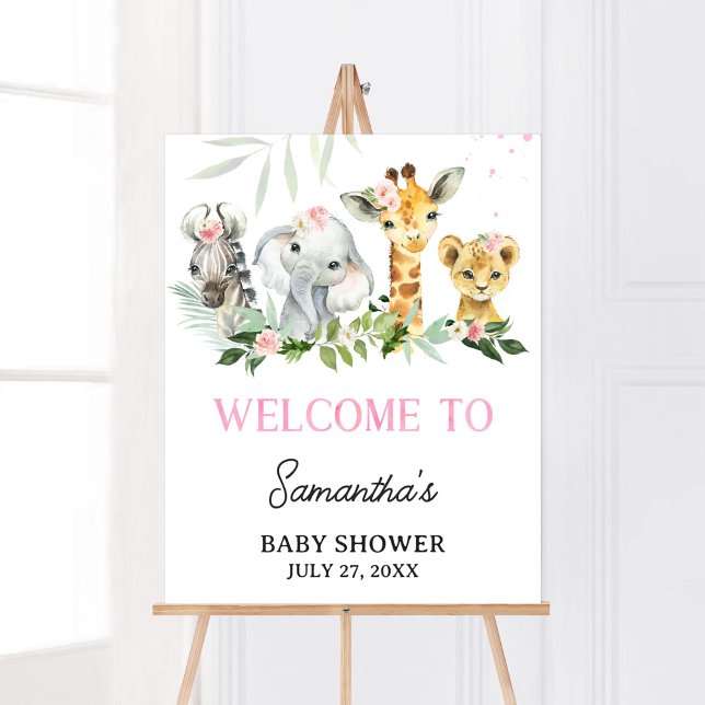 Affiche C'est une fille Safari Animaux Baby shower Bienven (Pink Floral Jungle Safari Baby Shower Welcome Sign)