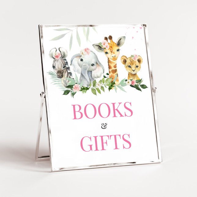 Affiche C'est une fille Safari Animaux Livres et Cadeaux (Pink Floral Jungle Safari Baby Shower Books and Gifts Sign)