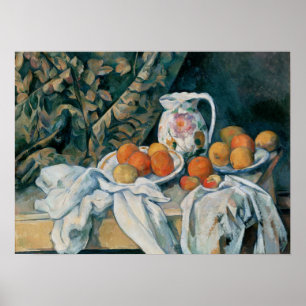 Affiche Cézanne - Nature morte avec rideau et pichet fleur