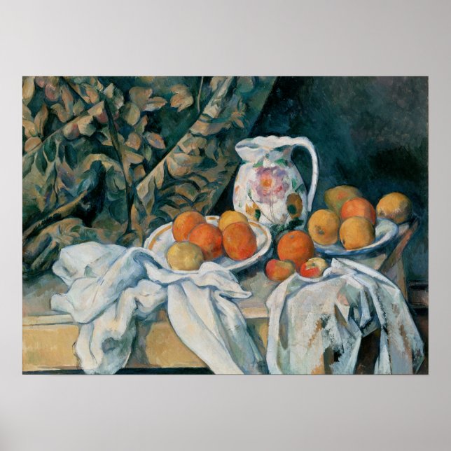 Affiche Cézanne - Nature morte avec rideau et pichet fleur (Devant)