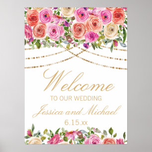 Affiche Chaîne rose Floral Lumières Mariage blanc Bienvenu