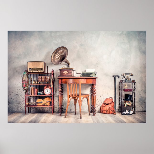 Affiche Chaise ancienne, vieille machine à écrire, radio r (Devant)