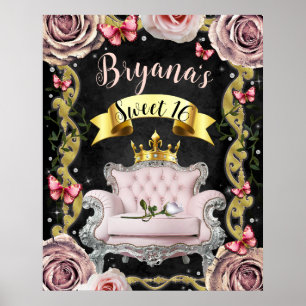 Affiche Chaise rose Roses Papillons Panneau de bienvenue S