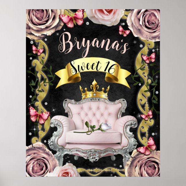 Affiche Chaise rose Roses Papillons Panneau de bienvenue S (Devant)