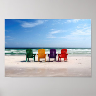 Affiche Chaises de couleur vive sur une plage vide
