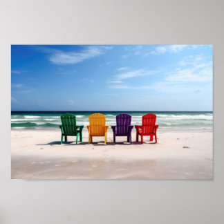 Affiche Chaises de couleur vive sur une plage vide