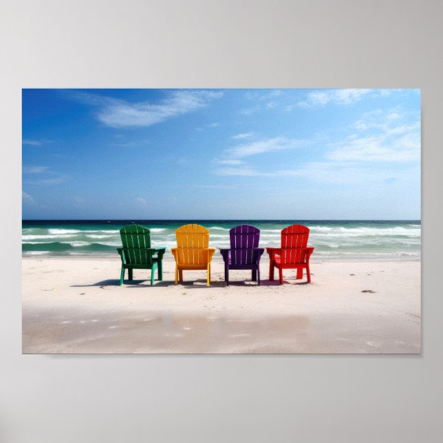 Affiche Chaises de couleur vive sur une plage vide (Devant)