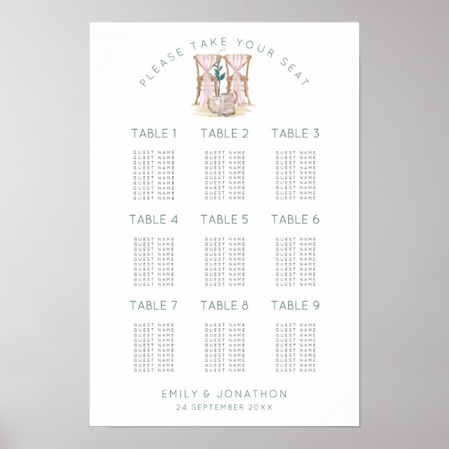 Affiche Chaises de mariage 9 Tables 90 Plan de table (Devant)