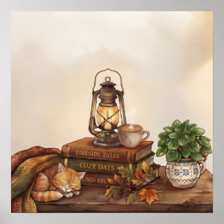 Affiche Chalet d'Automne Hygge, Kitten Endormi & Café Fuma