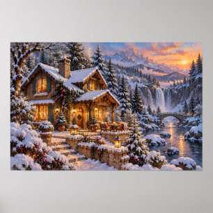 Affiche Chalet d'hiver cosy au bord d'une cascade de monta