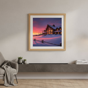 Affiche Chalet Lodge Alpine Coucher de soleil hivernal
