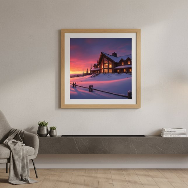 Affiche Chalet Lodge Alpine Coucher de soleil hivernal (Créateur téléchargé)