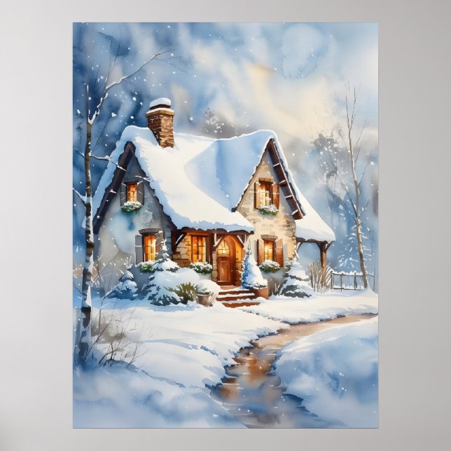 Affiche Chalet neigeux Aquarelle Peinture Art (Devant)