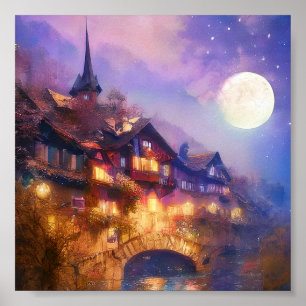 Affiche Chalet suisse et lune