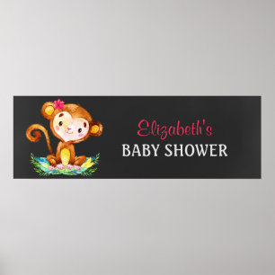 Affiche Chalkboard Aquarelle Singe Baby shower Fille