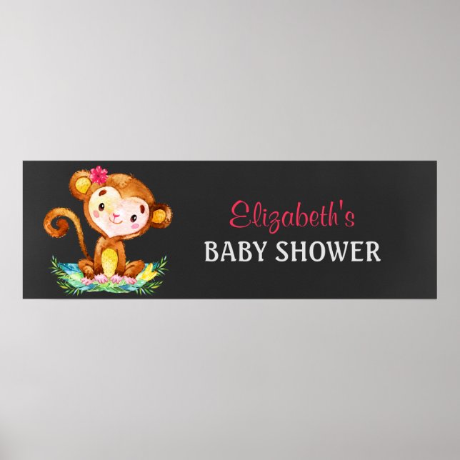 Affiche Chalkboard Aquarelle Singe Baby shower Fille (Devant)